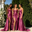 Fancy Fuchsia Spaghetti Strap Bridesmaid Dresses Cut Out Mermaid Satin High Slit Long Gown,BG991