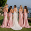 Pink Satin Spaghetti Strap Bridesmaid Dresses Classy Twist Waist Slit Gowns,BG1022
