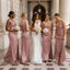 Classy Dusty Rose Cowl-Neck Sleeveless Floor-Length Satin Slit Bridesmaid Dress,BG1016