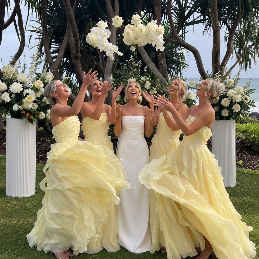 Pretty Yellow Strapless Cascading Ruffle Long Bridesmaid Dress Elegant Flowy Gown,BG1019