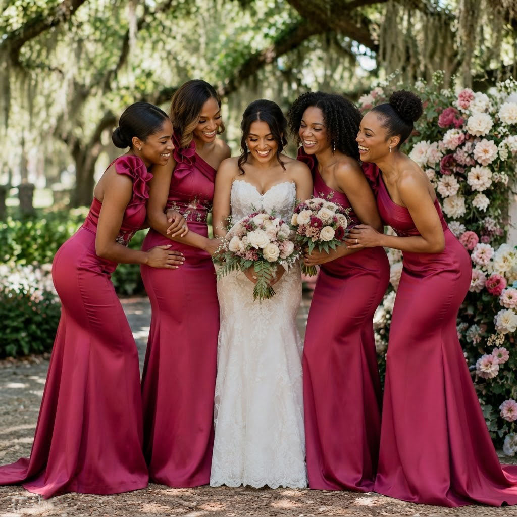 Classy Hot Pink One-Shoulder Sleeveless Mermaid Long Satin Bridesmaid Dress with Ruffles,BG1017