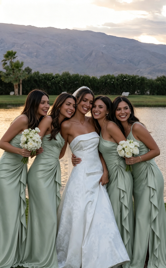 Modern Sage Green Satin One-Shoulder Bridesmaid Dresses with Elegant Side Drape,BG993