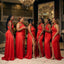 Sexy Red Halter Bridesmaid Dress Unique High Slit Sleeveless Formal Party Gown,BG1008