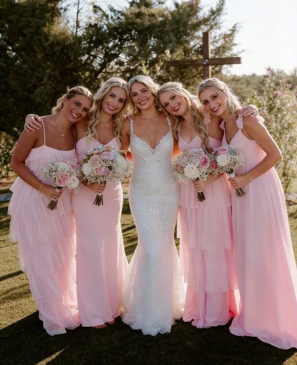 Petal Pink Chiffon Layered Bridesmaid Dresses Long Sweetheart Evening – RomanBridal