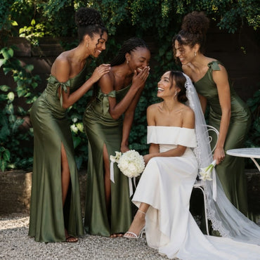 Modern Olive Green One Shoulder Bow Strap Slit Long Satin Bridesmaid Dress,BG1018
