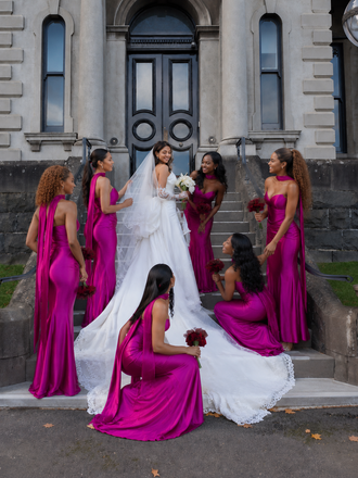 Modern Fuchsia Strapless Satin Bridesmaid Dresses Elegant Floor Length Wedding Gowns,BG996
