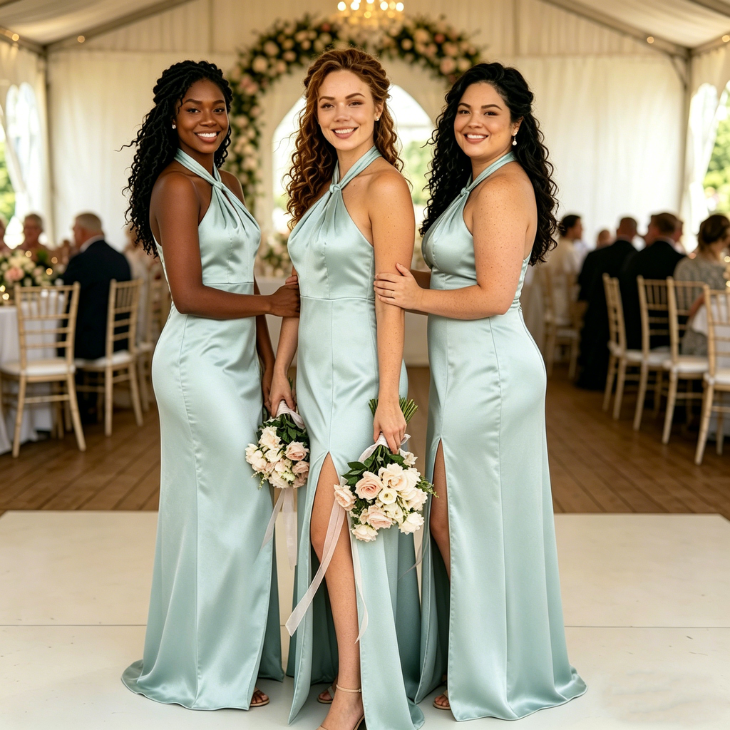 Classy Mint Green Satin Halter Long Bridesmaid Dress with Thigh Slit,BG962