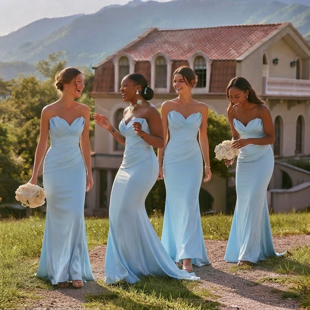 Classy Light Blue Sweetheart Mermaid Bridesmaid Dress Ruched Bodice,BG1011