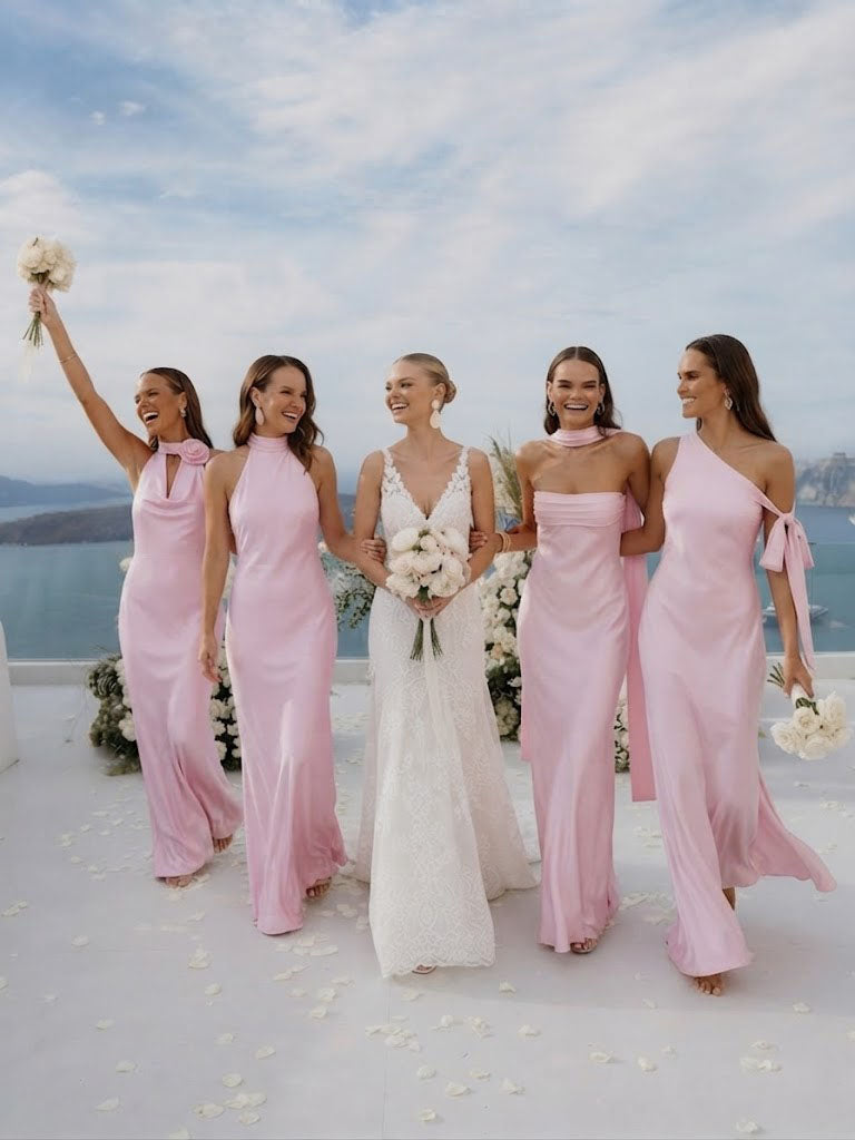 Pretty Light Pink Satin Bridesmaid Dress Collection Fancy Floor Length Gowns,BG1021