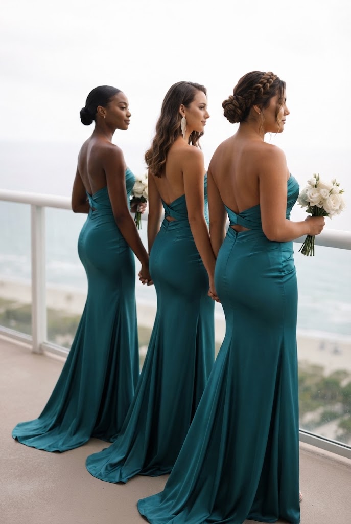 Sexy Teal Strapless Ruched Satin Mermaid Long Bridesmaid Dress with Elegant Slit,BG1023