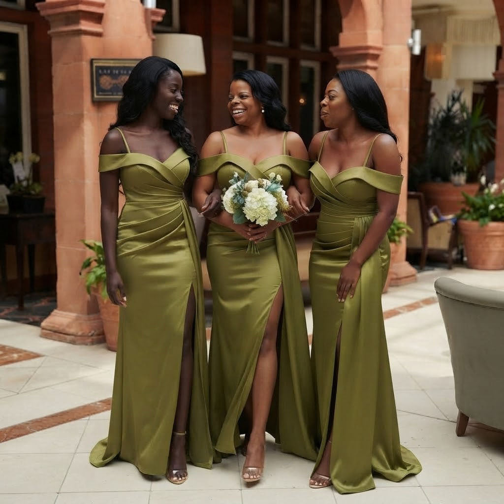 Sexy Off The Shoulder Olive Satin Bridesmaid Dress Unique High Slit Evening Gown,BG1012
