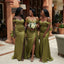 Sexy Off The Shoulder Olive Satin Bridesmaid Dress Unique High Slit Evening Gown,BG1012