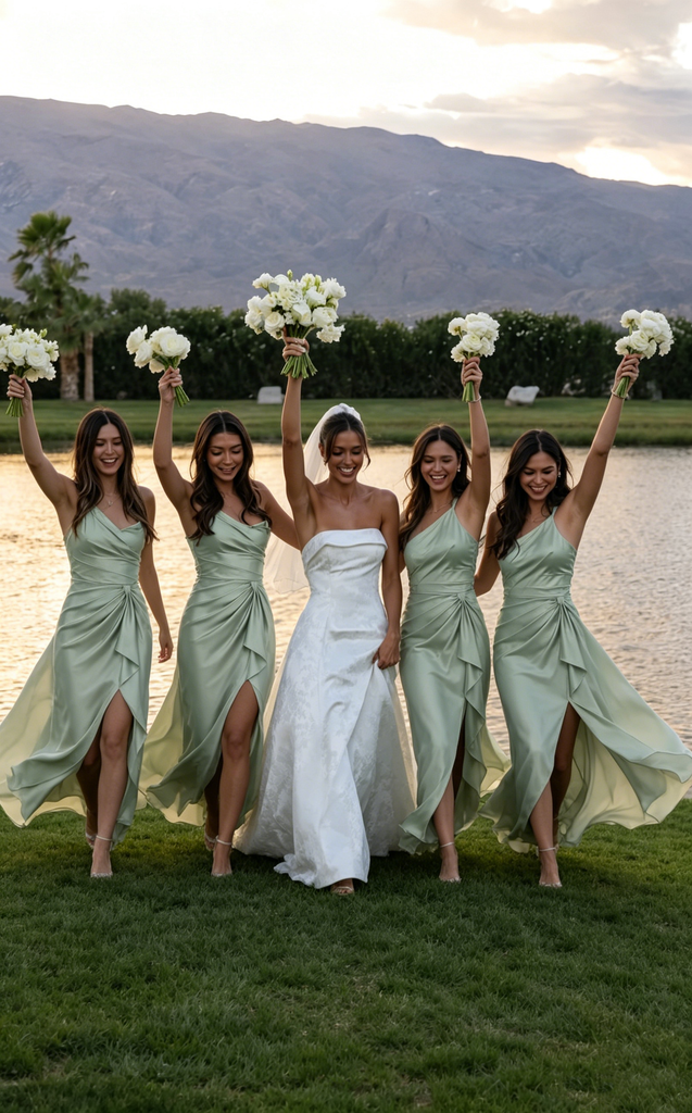 Modern Sage Green Satin One-Shoulder Bridesmaid Dresses with Elegant Side Drape,BG993