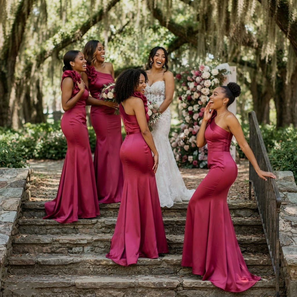 Classy Hot Pink One-Shoulder Sleeveless Mermaid Long Satin Bridesmaid Dress with Ruffles,BG1017