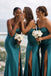 Sexy Teal Strapless Ruched Satin Mermaid Long Bridesmaid Dress with Elegant Slit,BG1023