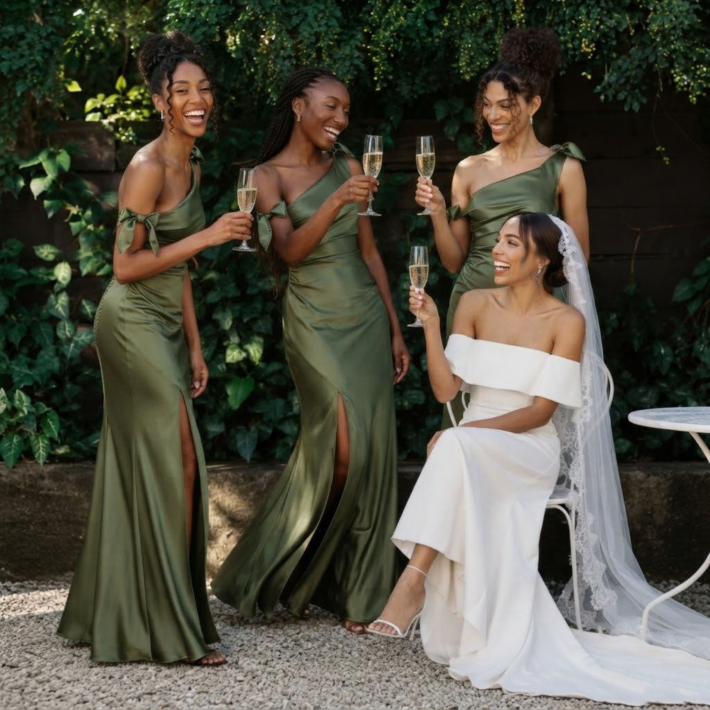Modern Olive Green One Shoulder Bow Strap Slit Long Satin Bridesmaid Dress,BG1018