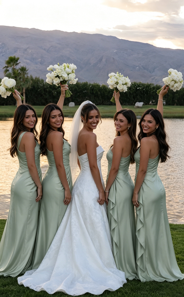 Modern Sage Green Satin One-Shoulder Bridesmaid Dresses with Elegant Side Drape,BG993