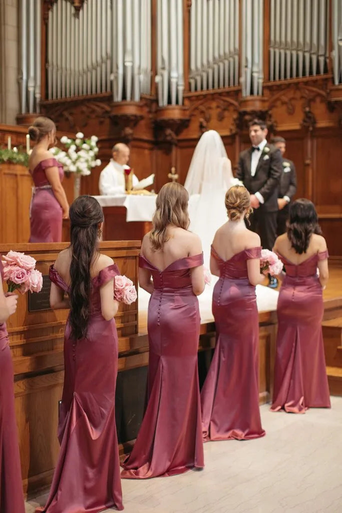 Elegant Off-Shoulder Satin Mermaid Bridesmaid Dress Long Modern Mauve Gown,BG940