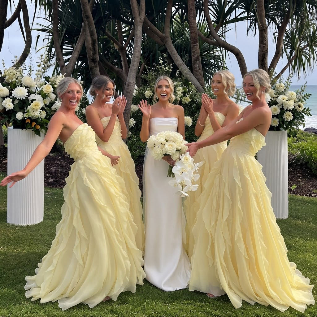 Pretty Yellow Strapless Cascading Ruffle Long Bridesmaid Dress Elegant Flowy Gown,BG1019