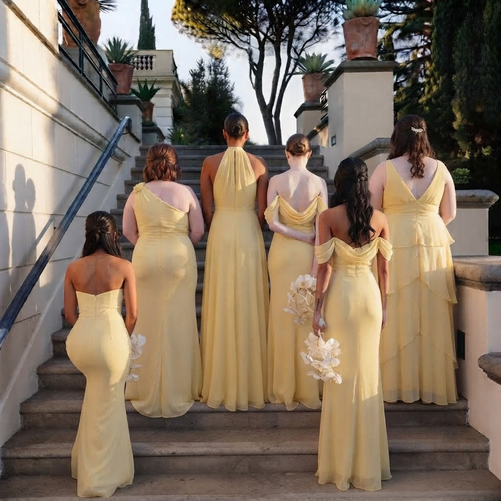 Gorgeous Mismatched Neckline Flowy Chiffon Bridesmaid Dress Collection Yellow,BG1014