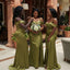 Sexy Off The Shoulder Olive Satin Bridesmaid Dress Unique High Slit Evening Gown,BG1012