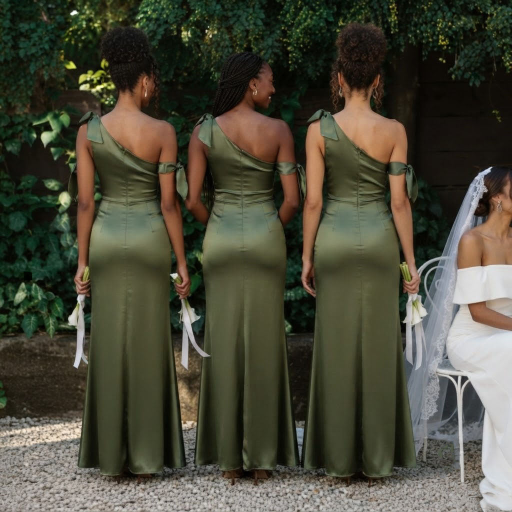 Modern Olive Green One Shoulder Bow Strap Slit Long Satin Bridesmaid Dress,BG1018