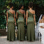Modern Olive Green One Shoulder Bow Strap Slit Long Satin Bridesmaid Dress,BG1018