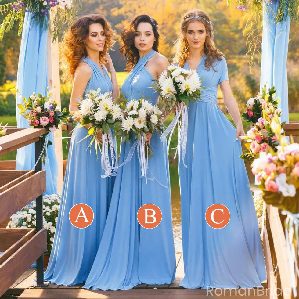 Elegant Blue Mismatched Sleeveless A-Line Long Bridesmaid Dresses Online, BG924