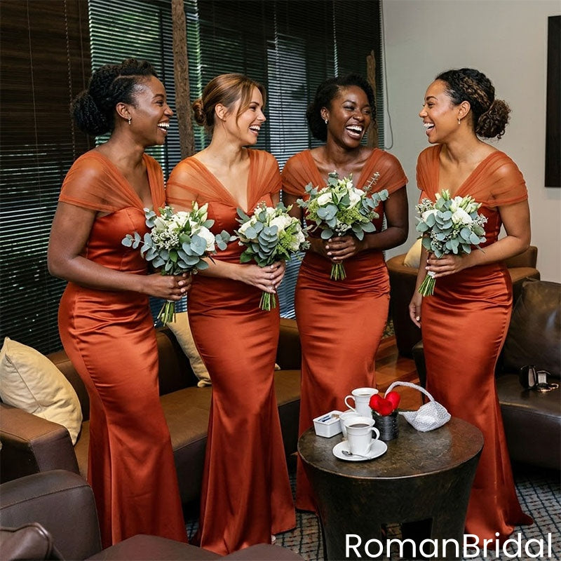 Classy Burnt Orange Tulle Beautiful Long Mermaid Bridesmaid Dress,BG1000