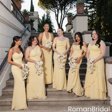 Gorgeous Mismatched Neckline Flowy Chiffon Bridesmaid Dress Collection Yellow,BG1014