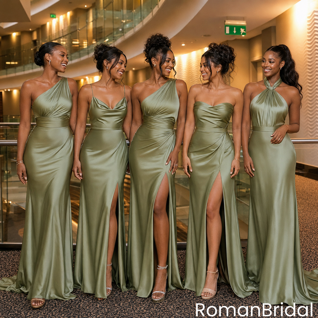 Unique Mismatched Sage Green Satin Bridesmaid Dresses for Wedding Party,BG996