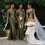 Modern Olive Green One Shoulder Bow Strap Slit Long Satin Bridesmaid Dress,BG1018