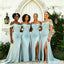 Modern Sky Blue Off the Shoulder Bridesmaid Dresses with Elegant Drape Skirt,BG989