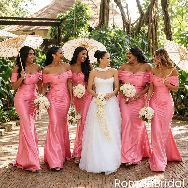 Pretty Pink Satin Bridesmaid Dress Romantic Off Shoulder Floor Length Formal,BG1005