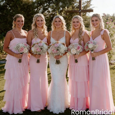 Petal Pink Chiffon Layered Bridesmaid Dresses Long Sweetheart Evening Gowns,BG948