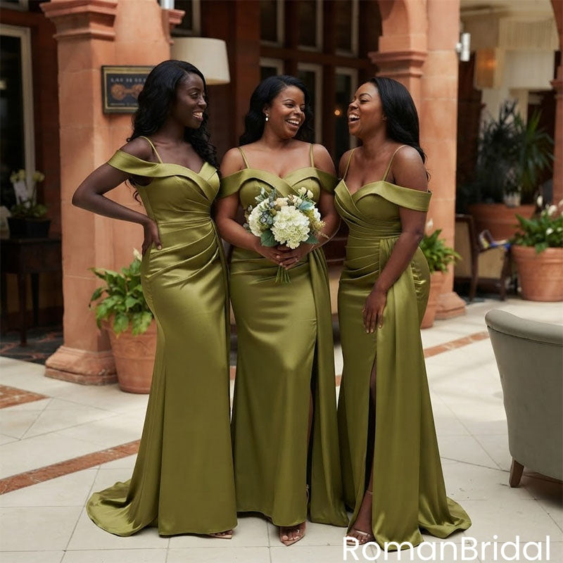 Sexy Off The Shoulder Olive Satin Bridesmaid Dress Unique High Slit Evening Gown,BG1012