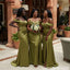 Sexy Off The Shoulder Olive Satin Bridesmaid Dress Unique High Slit Evening Gown,BG1012