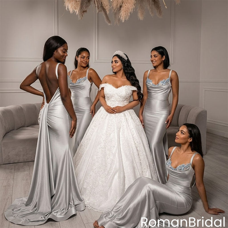 Classy Silver Satin Bridesmaid Dress With A Sleek Backless Mermaid Silhouette,BG997