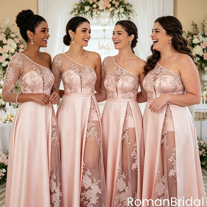One-Shoulder Floral Lace Illusion Sweetheart Pink Satin Bridesmaid Dresses,BG967