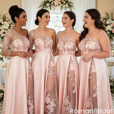 One-Shoulder Floral Lace Illusion Sweetheart Pink Satin Bridesmaid Dresses,BG967