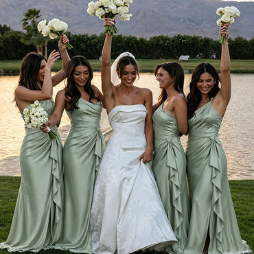 Modern Sage Green Satin One-Shoulder Bridesmaid Dresses with Elegant Side Drape,BG993