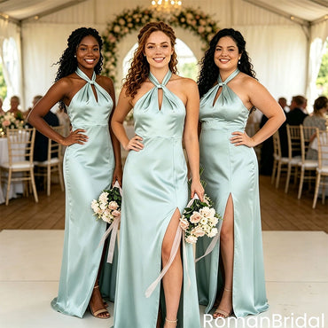 Classy Mint Green Satin Halter Long Bridesmaid Dress with Thigh Slit,BG962