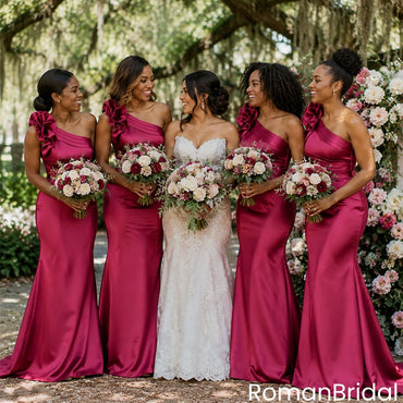 Classy Hot Pink One-Shoulder Sleeveless Mermaid Long Satin Bridesmaid Dress with Ruffles,BG1017