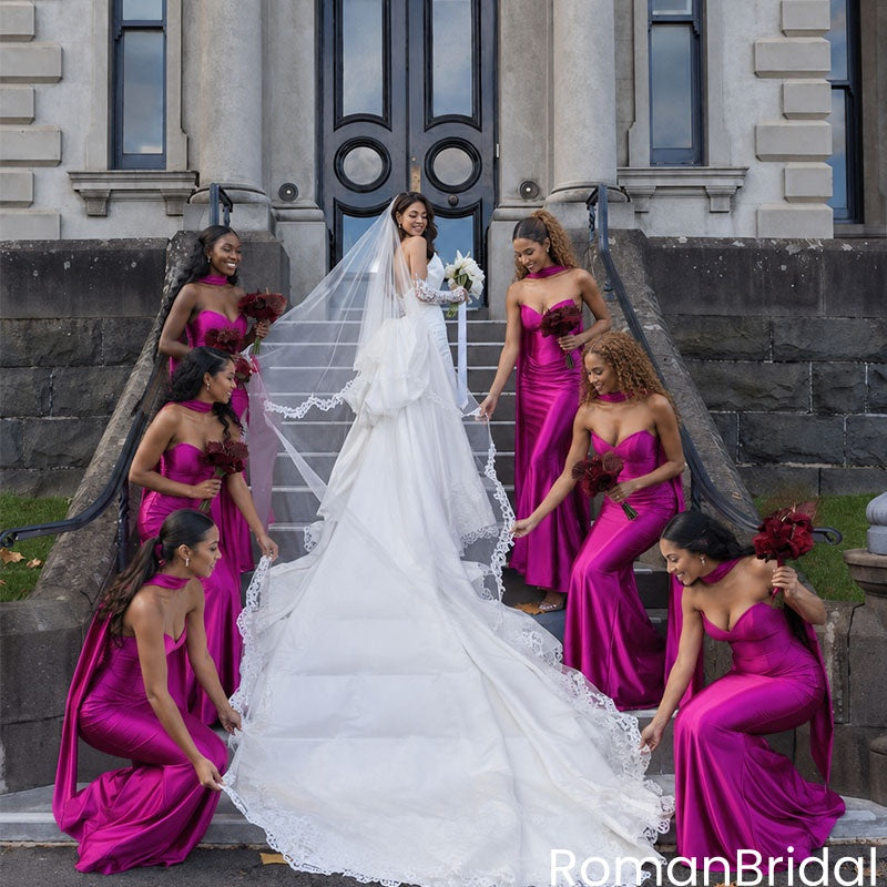 Modern Fuchsia Strapless Satin Bridesmaid Dresses Elegant Floor Length Wedding Gowns,BG996