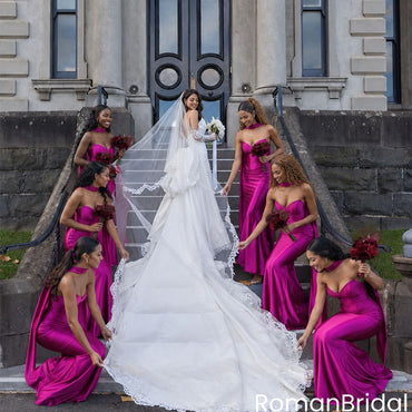 Modern Fuchsia Strapless Satin Bridesmaid Dresses Elegant Floor Length Wedding Gowns,BG996