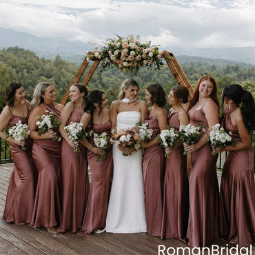 Elegant Strapless Satin Rose Gold Sweetheart Neck A-Line Bridesmaid Dress,BG974