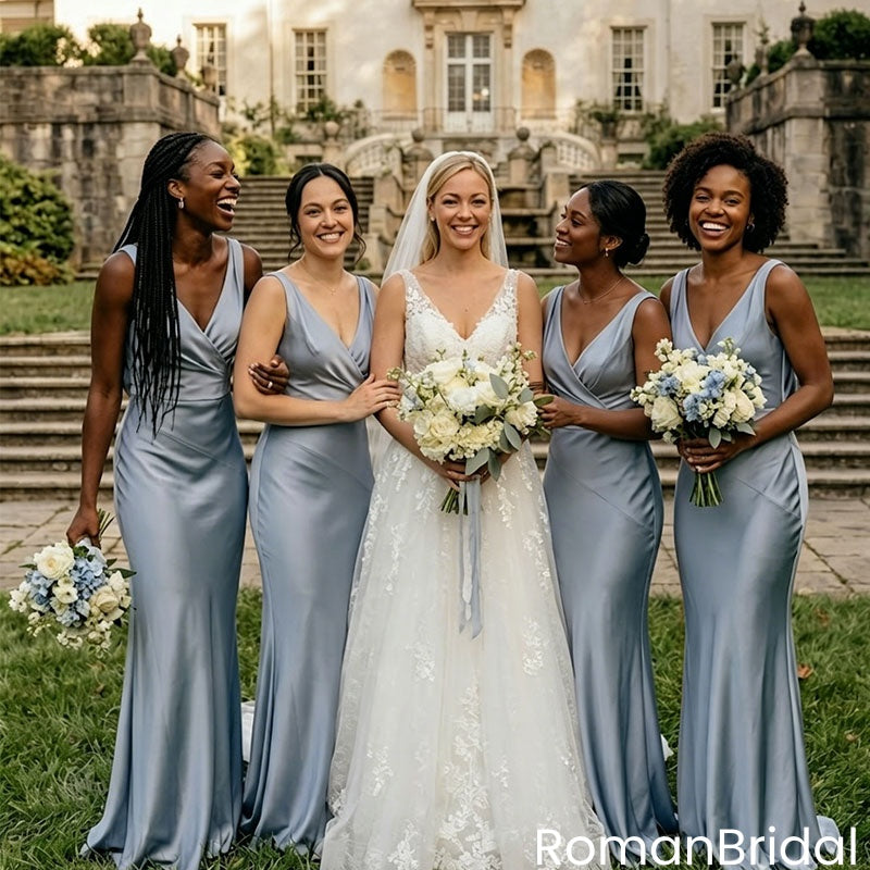 Classy Satin V-neck Mermaid Sleeveless Long Bridesmaid Dress In Dusty Blue,BG995