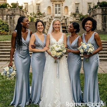 Classy Satin V-neck Mermaid Sleeveless Long Bridesmaid Dress In Dusty Blue,BG995