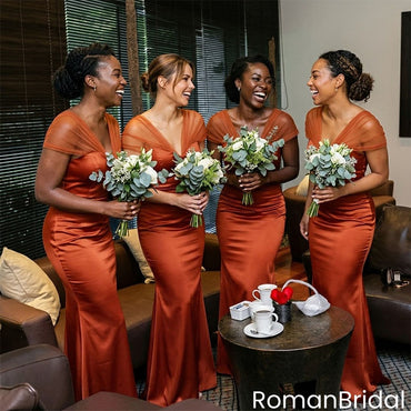 Classy Burnt Orange Tulle Beautiful Long Mermaid Bridesmaid Dress,BG1000