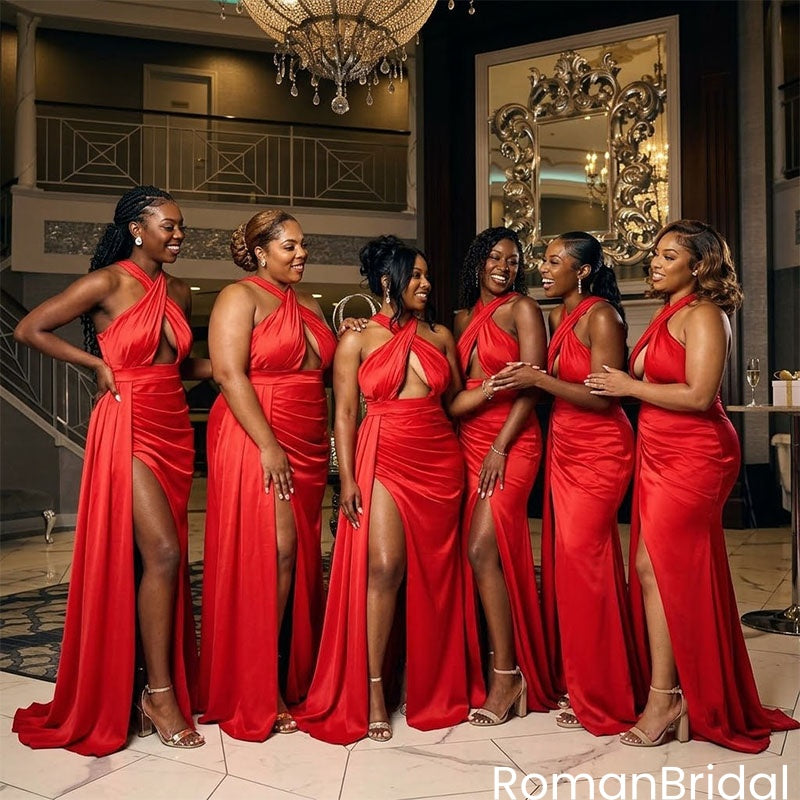 Sexy Red Halter Bridesmaid Dress Unique High Slit Sleeveless Formal Party Gown,BG1008